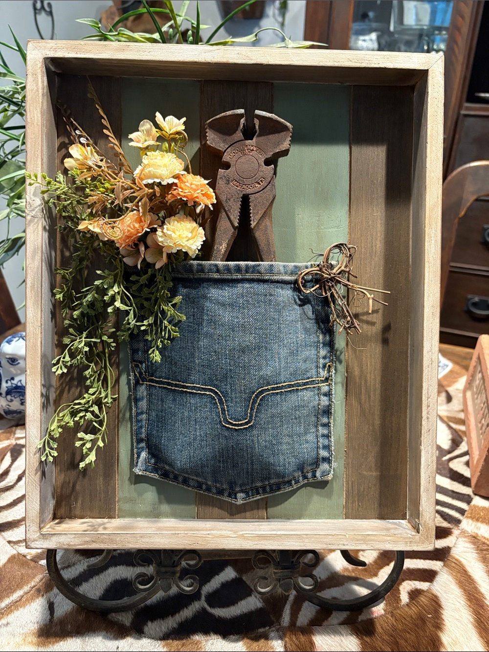 Denim Pocket Wall Frame with Orange Floral Accent - Rustic Home Wall Decor